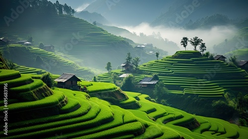Lush terraced rice paddies create textured landscapes