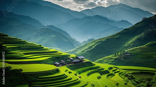 Lush terraced rice paddies create textured landscapes