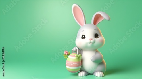 3D cute easter bunny on green background -space for text