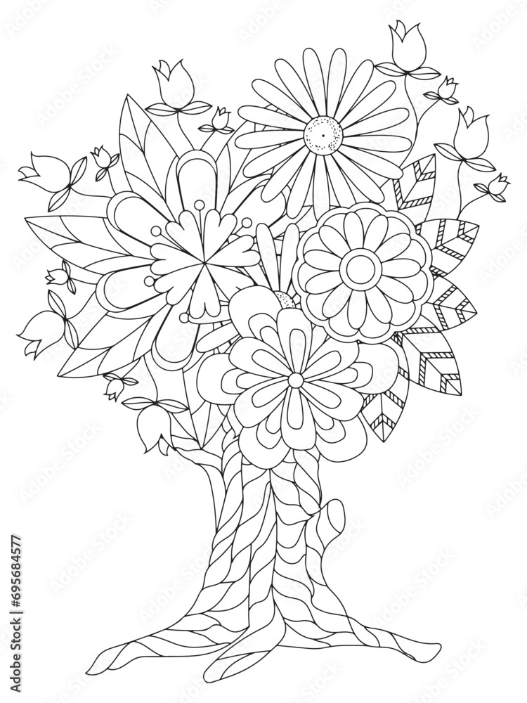 Flower tree coloring pages,Art therapy coloring page. Vector black and ...