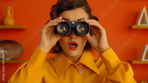 Woman looking into binoculars Looks excited or shocked on an orange background photo