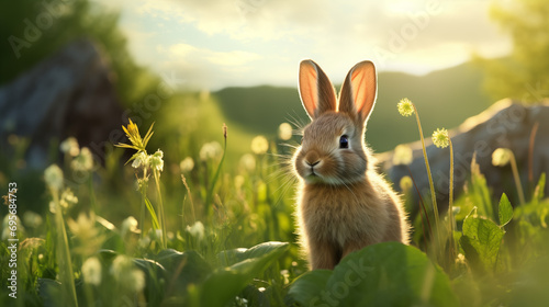 rabbit in the meadow Light shines through in the evening. © BB_Stock