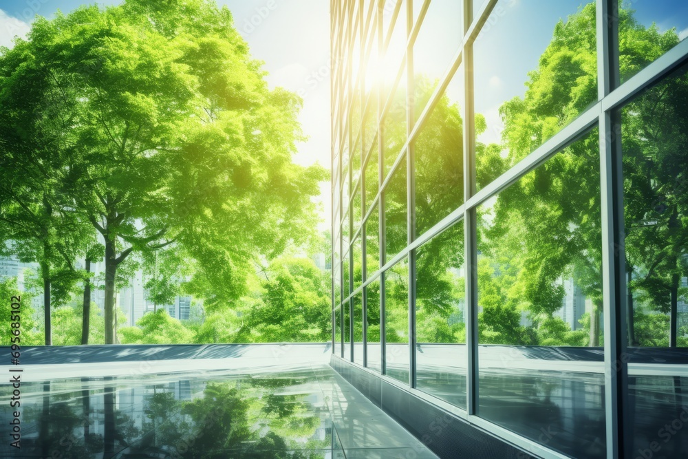 Reflecting greenery, a corporate glass building symbolizes ESG principles, advocating sustainability integration into business practices - obrazy, fototapety, plakaty 