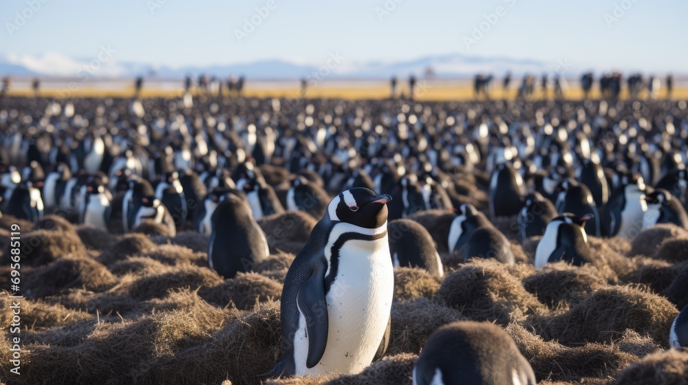 Obraz premium Penguin Paradise: A Lively Scene of Magellanic Penguins at Punta Tombo - Explore One of the Largest Penguin Colonies in Patagonia's Coastal Wildlife Haven.
