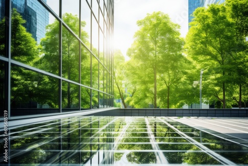 Foto Reflecting greenery, a corporate glass building symbolizes ESG principles, advoc