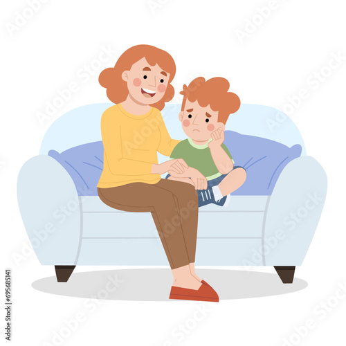 Mother comforts sad son vector illustration, Parenting illustration
