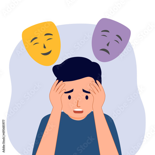 Man with good and bad mood face mask in flat design. Bipolar disorder.