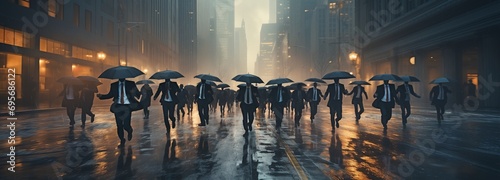 Businesspeople rushing along the rainy street with umbrellas.