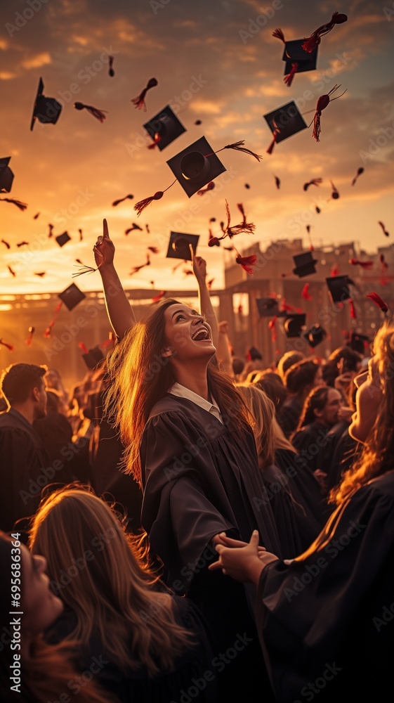 Students throwing their caps skyward upon graduation.
