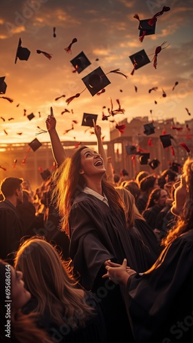 Students throwing their caps skyward upon graduation. photo
