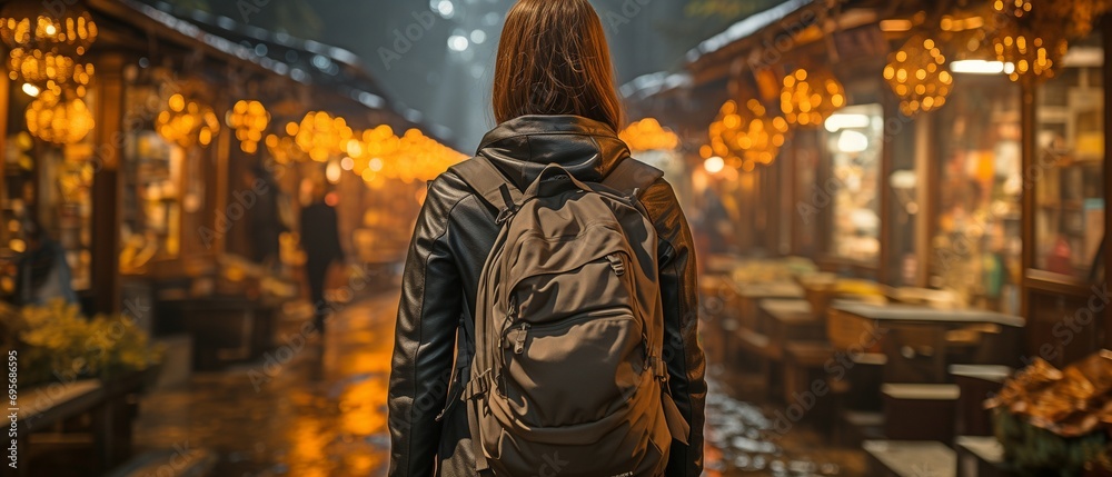 viewpoint of a young, adult Asian woman travelling with a rucksack in the rear at a nighttime street market.. viewpoint of a young, adult Asian woman travelling with a rucksack in the rear at a nighttime street market..