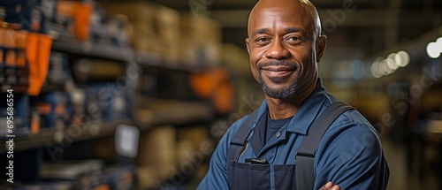 A happy mechanic in a car repair shop is pictured leaning against an automobile..