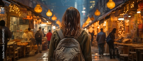 viewpoint of a young, adult Asian woman travelling with a rucksack in the rear at a nighttime street market..