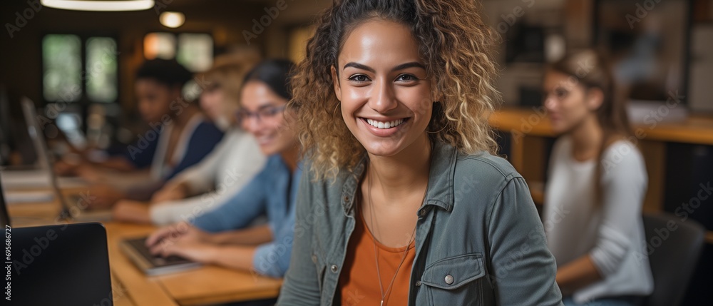 Women in an adult education session smiling at a computer. Women in an adult education session smiling at a computer.
