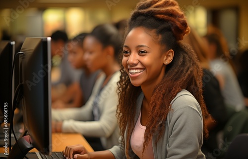 Women in an adult education session smiling at a computer.