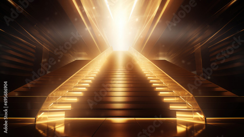 Luxury yellow golden staircase with gold light ray for award ceremony. Generative AI	
