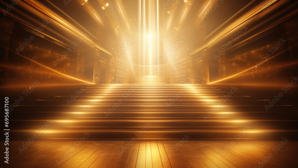 Luxury yellow golden staircase with gold light ray for award ceremony. Generative AI	
 - obrazy, fototapety, plakaty 