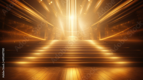 Luxury yellow golden staircase with gold light ray for award ceremony. Generative AI	
 photo