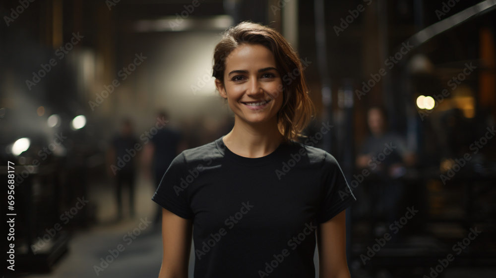 woman business owner in black t-shirt standing in industrial plant