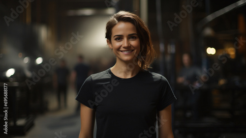 woman business owner in black t-shirt standing in industrial plant