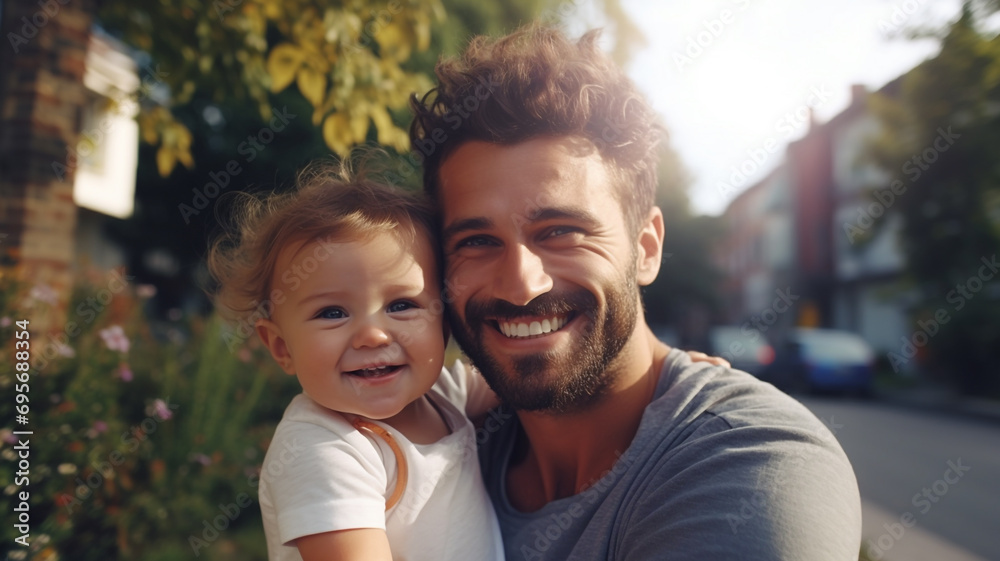 Fototapeta premium a smiling loving dad with a cute happy baby at home.