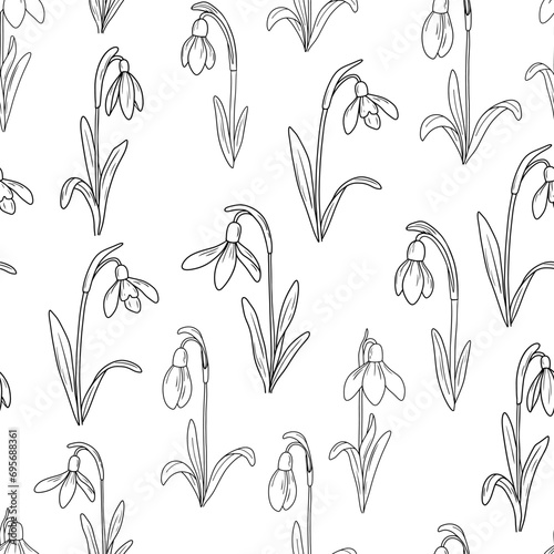 Floral monochrome seamless pattern with outline flower snowdrop. Hand drawn black ink sketch isolated on white.