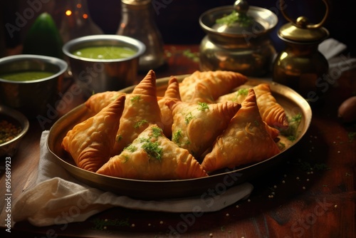 Indian Culinary Delight: Samosas - A Traditional Indian Snack, These Triangular Pastries Are Filled with Aromatic Spices, Vegetables, or Meat, Offering a Crispy and Flavorful Experience.