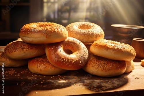 Rustic Morning Delight  Freshly Baked Sourdough Bagels Placed on a Wooden Table  Offering a Homemade and Authentic Breakfast Experience in a Rustic Setting.