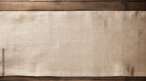 Texture of burlap fabric,Beige burlap fabric on wooden table, top view.  photo
