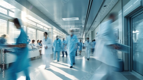 Blurred hospital corridor, doctors and nurses walking with diverse doctors in motion suitable for medical  photo