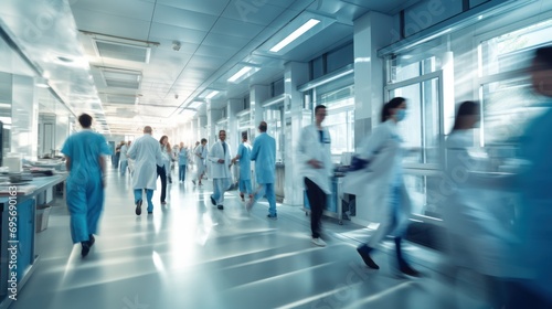 Blurred hospital corridor  doctors and nurses walking with diverse doctors in motion suitable for medical 