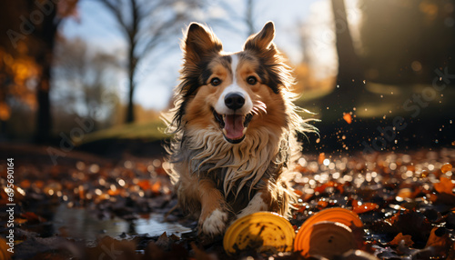 Happy rough collie playing in the park on a sunny day