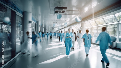 Blurred hospital corridor, doctors and nurses walking with diverse doctors in motion suitable for medical 