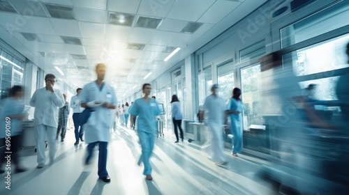 Blurred hospital corridor, doctors and nurses walking with diverse doctors in motion suitable for medical  photo