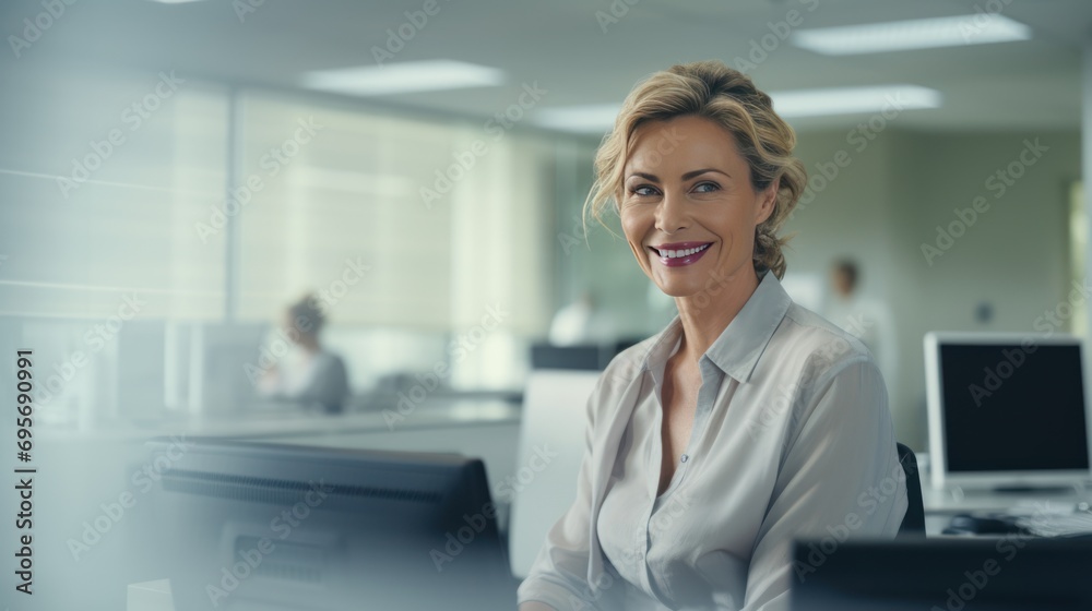 Doctor, a beautiful middle-aged woman, smiling, sitting at the office desk, Doctor, a beautiful middle-aged woman, smiling, sitting at the office desk,