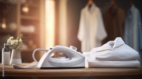 electric steam, hot iron press pile white shirt clothes on ironing board  photo