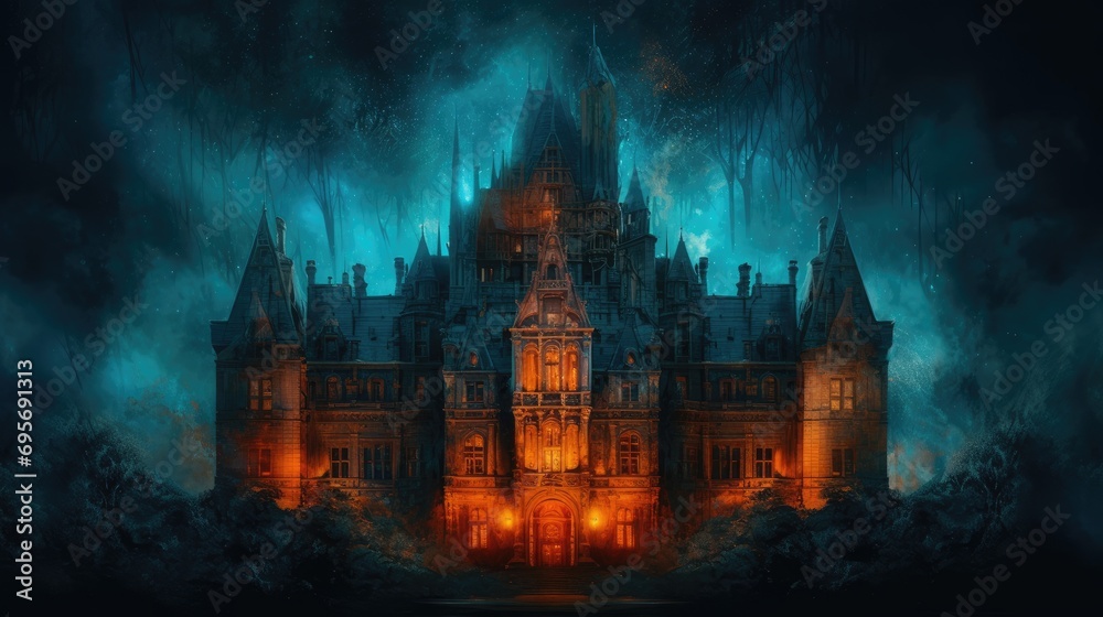 Dark Knight fantasy era castle. Oil paintings. Created with Generative AI.	