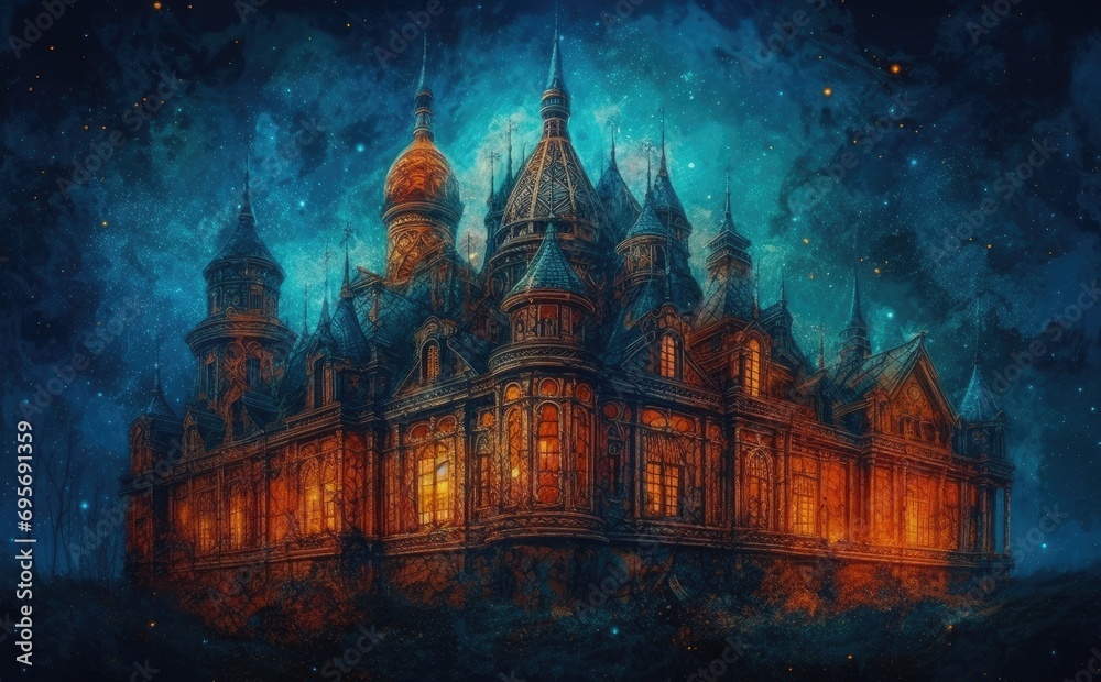 Dark Knight fantasy era castle. Oil paintings. Created with Generative AI.