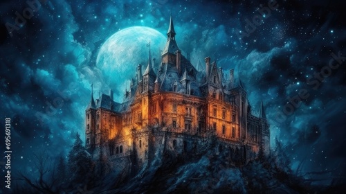 Dark Knight fantasy era castle. Oil paintings. Created with Generative AI. 