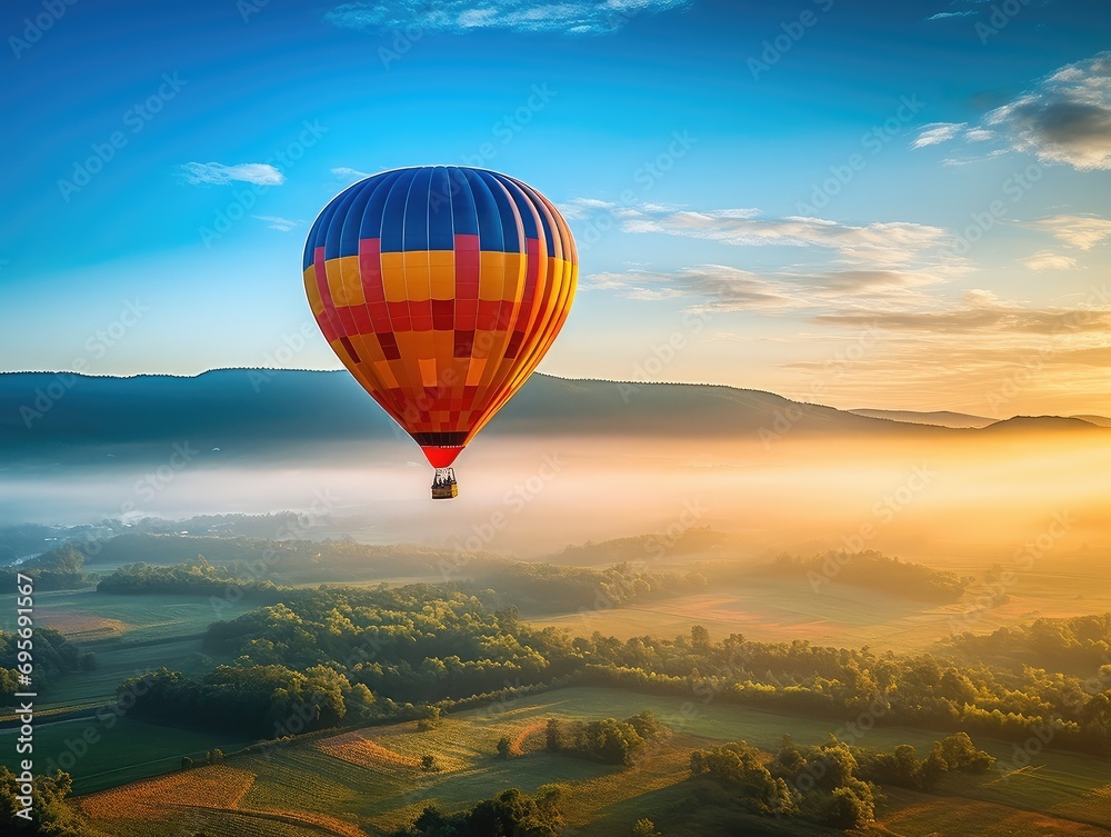 A hot air balloon floats above the ground in front of a blue sky background