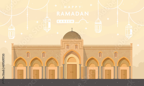 Ramadhan greetings with a beautiful mosque background