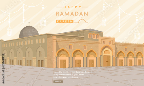 Ramadhan greetings with a beautiful mosque background