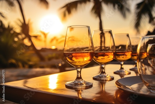 Caribbean Elixir: Rum Tasting in the Dominican Republic - A Scene of Exploration, Showcasing the Rich Amber Tones of Different Varieties Against the Backdrop of a Tropical Setting.