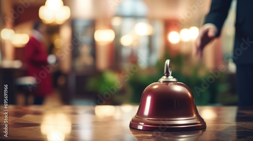 Elegant Simplicity: A Simple Hotel Service Bell on the Reception Desk, Ready to Ring for Assistance and Provide Classic Elegance in Customer Service photo