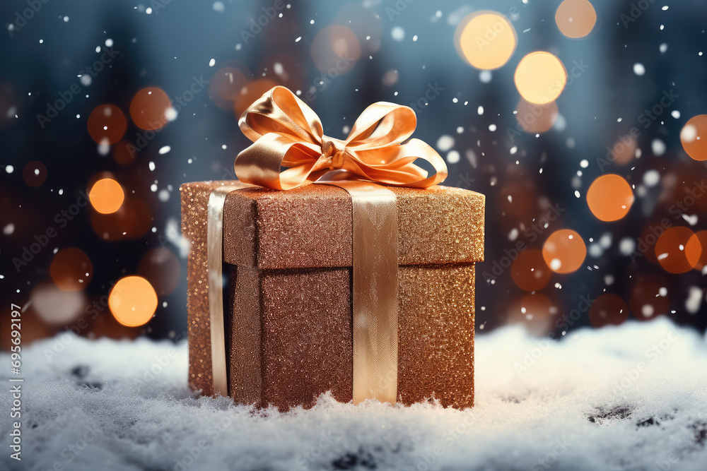 A beautiful gift box with beautiful light spots and snowflakes in front of a blurred background A beautiful gift box with beautiful light spots and snowflakes in front of a blurred background