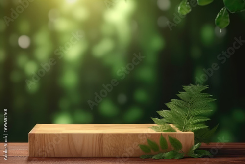 A wooden product display stand in front of a green plant background