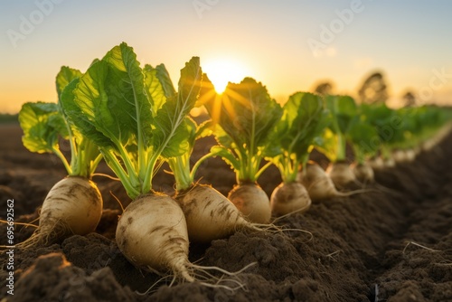 Obraz na płótnie Sugar Beet Tubers with Beautiful Green Tops - Freshly Harvested and Organic, These Nutritious Edibles Bring a Taste of the Homestead to Your Culinary Creations w salonie