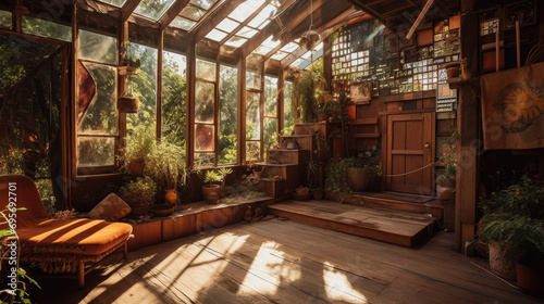Beautiful sun room with many plants, AI generated
