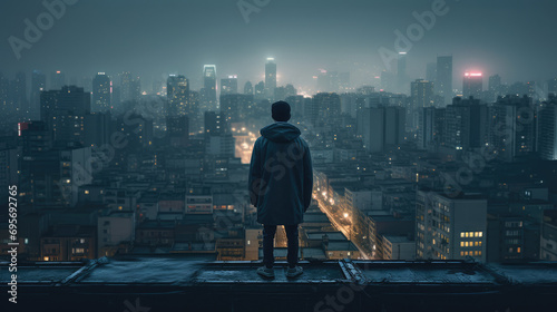 A man standing on the roof of a city, AI generated