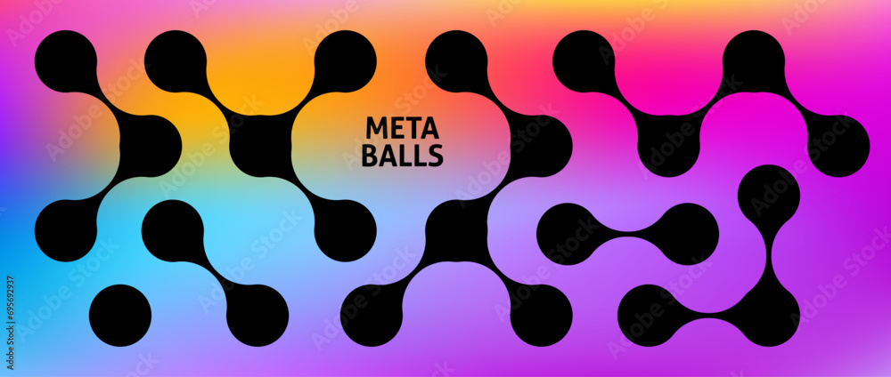 Obraz premium Metaball set on Iridescent background. Black connected morph dots. Liquid blob pattern collection. Integration abstract concept. Rounded design element bundle for logo, icon, tag, poster. Vector pack